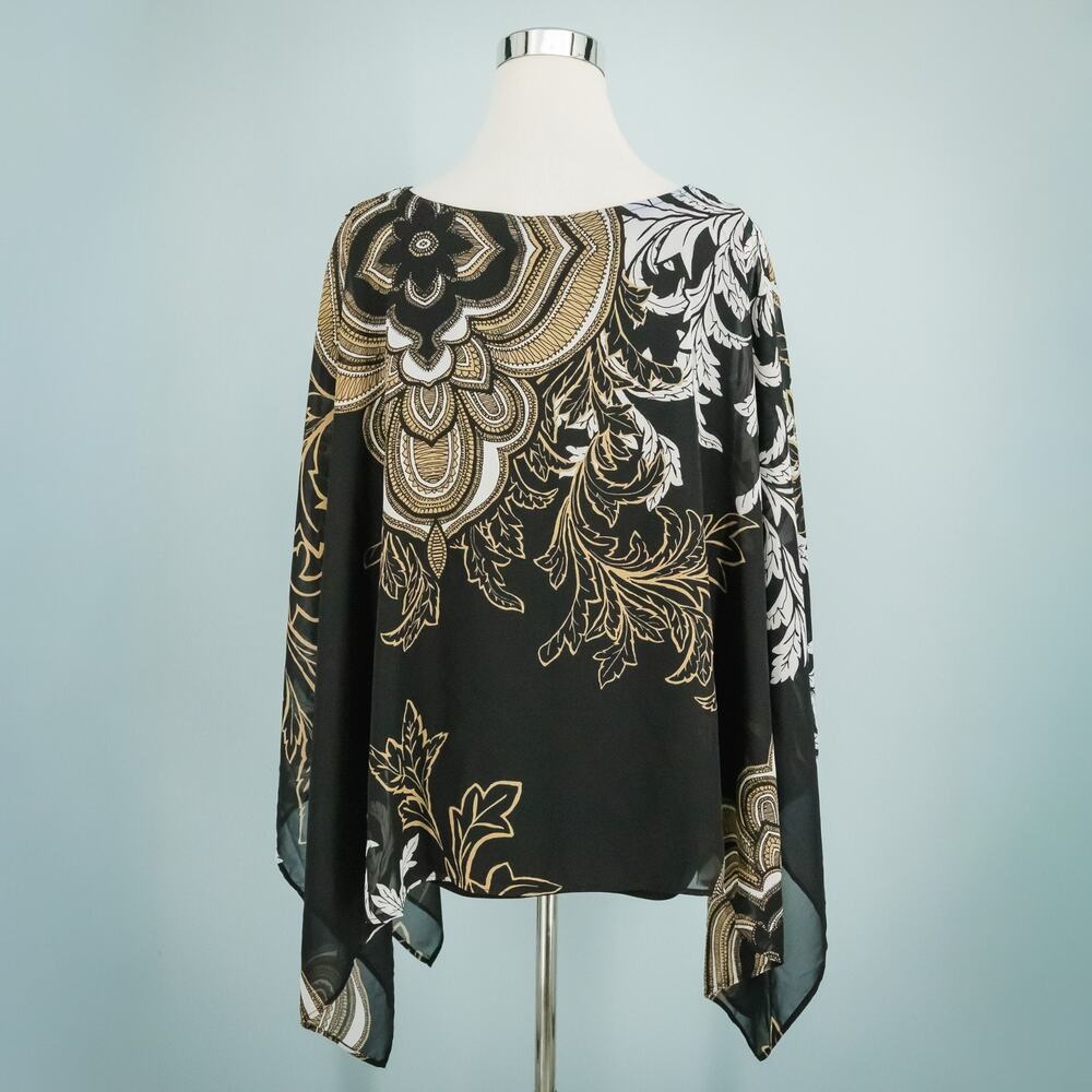 Chico's 3 Size XL Black Paisley Print Crew Scoop Neck Overlay Poncho Top Blouse - Picture 4 of 10